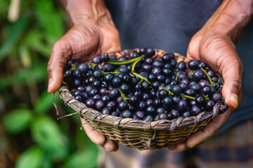 Closeup photo of hands holding a basket with acai berries, Brazilian harvest