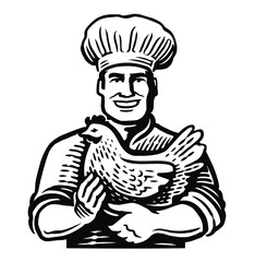 Wall Mural - Happy chef in hat holds chicken bird in his hands. Food concept emblem and logo. Vector illustration black and white