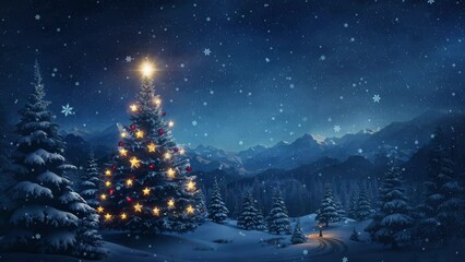 Wall Mural - Enchanted Christmas Eve in a Snowy Wonderland: Illuminated Christmas Tree Amid Twinkling Snowflakes and Frosty Pine Forest