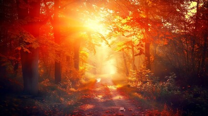 Poster - Forest Road Under Sunset Sunbeams Lane Running Through The Autumn Deciduous Forest At Dawn Or Sunrise Toned Instant Photo : Generative AI