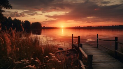 entspannter Morgen am See am Steg zum Sonnenaufgang.