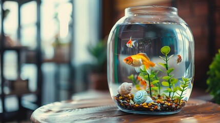 Small fish tank aquarium with colourful snails and fish at home on wooden table Fishbowl with freshwater animals in the room : Generative AI