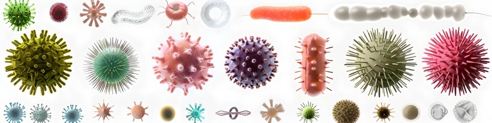 bacteria and viruses, cute illustrations and drawings of microorganisms, funny and cute, colorful, of different types and shapes