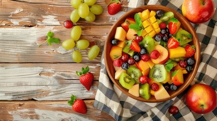 a colorful fruit salad arranged artfully on a wooden table, showcasing the vibrant variety of fresh fruits and a kitchen towel.