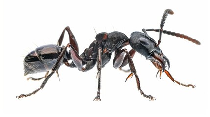 Close-up shot of a black ant with large mandibles on a white background, highlighting intricate details and eliciting fascination and awe in the fields of entomology and zoology