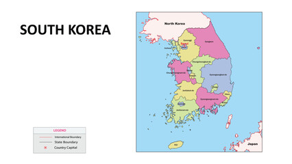 Poster - South Korea Map. State map of South Korea. State map of South Korea in colour with capital.