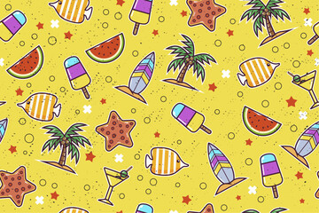 Fototapete - Yellow background and beach pictures create a flat and stylish pattern. Summer bright pattern of fish, ice cream, palm tree, watermelon, starfish.