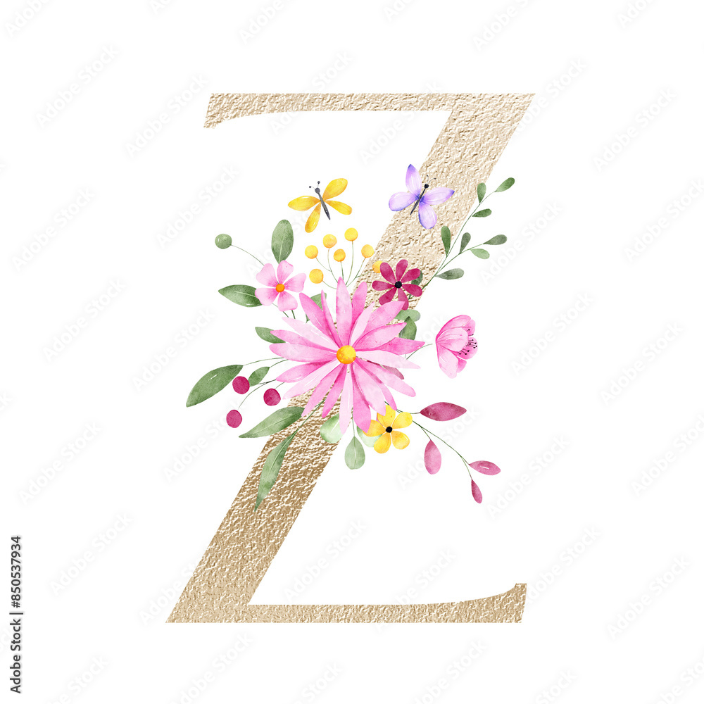 Ilustración de Stock Gold letter Z with watercolor flowers and leaves ...