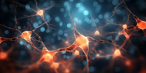 Wall Mural - Cluster of brain cells firing neurons on dark background related to neurological disorders. Concept Brain Health, Neurological Disorders, Neurotransmitters, Brain Functions, Cognitive Science
