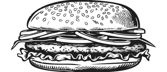 Wall Mural - clean cheeseburger illustration with thin, clear lines on a white background. Ideal for kids' coloring activities and art projects