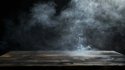 Poster - On a black background an empty wooden table with smoke floats up Empty space for displaying your products with a smoke float up on a dark background Space available for displaying your : Generative AI