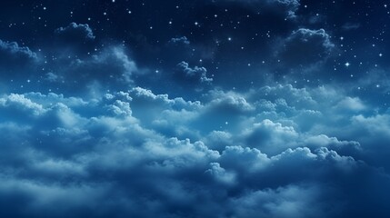 fluffy volumetric clouds at night against a dark blue sky with stars background.