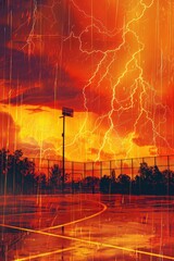 Wall Mural - Basketball court surrounded by thunder and lightning