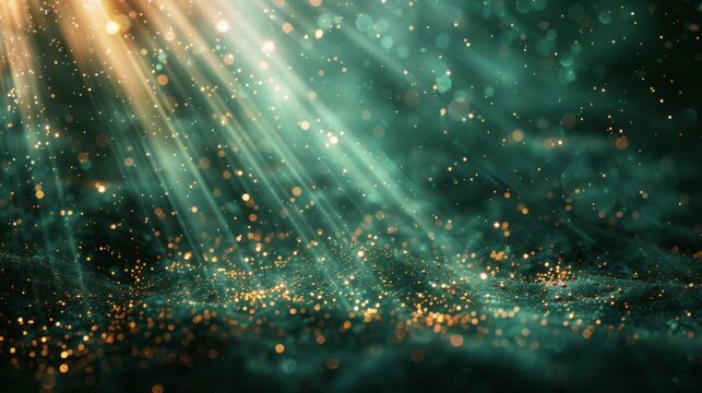 Abstract Digital Art Depicting Light Beams and Glimmering Particles on a Dark Green Background