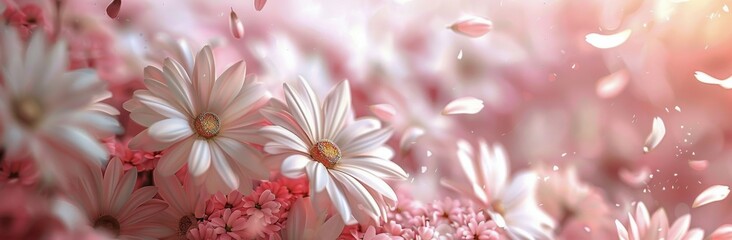 Wall Mural - White Daisies and Falling Petals in a Field of Pink Flowers