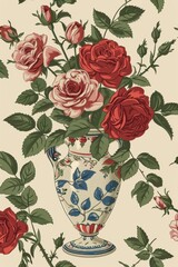 Wall Mural -  Seamless Pattern with Hand Drawn Blooming Roses in Vintage Vase 