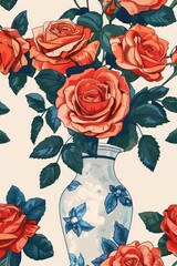Wall Mural -  Seamless Pattern with Hand Drawn Blooming Roses in Vintage Vase 