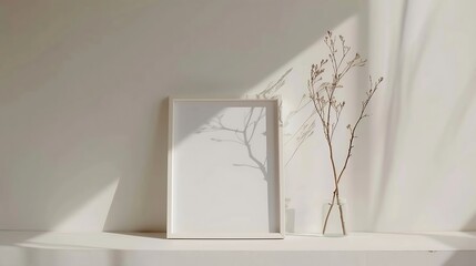 Poster - Mock up white frame and dry twigs in vase on book shelf or desk White colors : Generative AI