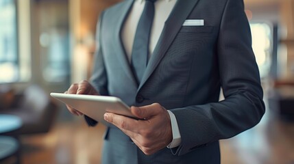 Sticker - An HD close-up of a young businessmanâ€™s midsection, formal attire with a sleek tie, hand holding a modern tablet, office environment subtly visible in the background, detailed textures and sharp foc