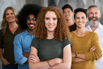 Poster - Creative, employees and smile for portrait, proud and people of sales in company and networking. Happy, teamwork and executive in deal, proposal or office of startup, face or writer in business