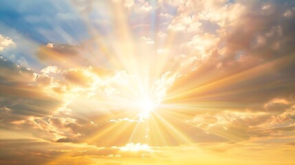 Poster - majestic morning colorful sunlight brush in air heavenly light reflected on fluffy clouds in golden time bright sun beams rays over panoramic view in summer gorgeous season freedom n p : Generative AI