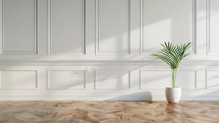 Poster - White classic wall background brown parquet floor home furniture detail frame and vase of plant : Generative AI
