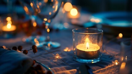 Scandinavian tea light candle on a decorated dinner table setting : Generative AI