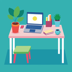 Poster - a simple desk with a laptop, notebook, and plants, a minimalist desk with a laptop and notebook