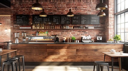 Wall Mural - 3d render of cafe bar restaurant nobody indoor Empty coffee shop interior daytime with wooden design counter red brick wall in background menu writing on blackboard with beautiful lett : Generative AI