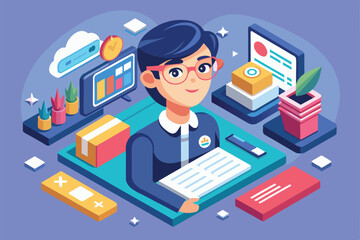 Poster - Isometric illustration of a person working at a desk surrounded by office supplies and technology, About me Customizable Isometric Illustration