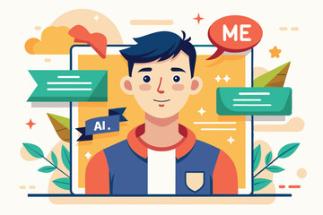 Poster - A smiling young man in a digital frame with the word ME in a speech bubble above his head, About me Customizable Semi Flat Illustration