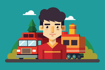 Wall Mural - A flat design illustration of a man standing between a red truck and a yellow train, Add files Customizable Semi Flat Illustration