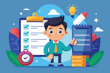 Poster - A happy cartoon man adds tasks to a customizable checklist on a blue background, Add tasks Customizable Cartoon Illustration