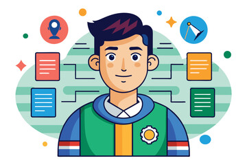 Sticker - A cartoon illustration of a man with a green and blue shirt standing in front of a colorful background with notes, Add user Customizable Disproportionate Illustration