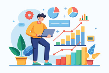 Poster - an illustration of a businessman using a laptop to analyze growth charts, analyzing growth charts