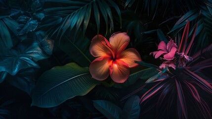 Aufkleber - colorful flower on dark tropical foliage nature background : Generative AI