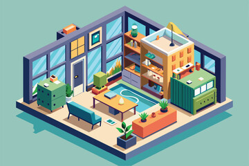 Poster - isometric illustration depicting a modern apartment interior with furniture, decor, and windows, apa