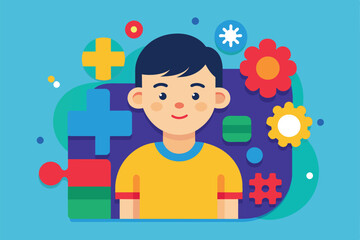 Poster - a flat illustration of a smiling boy with colorful puzzle pieces and gears around his head, autism c