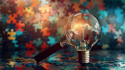 Poster - Magnifier glass focus to idea creative light bulb with jigsaw planning development leadership and customer target group concept : Generative AI