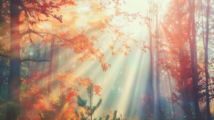 Poster - Autumn forest nature Vivid morning in colorful forest with sun rays through branches of trees Scenery of nature with sunlight : Generative AI