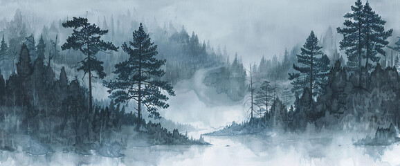 Sticker - Misty forest landscape with pine trees and fog in the air, panoramic view


