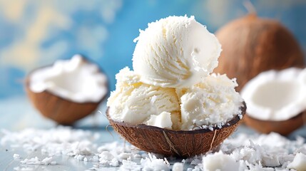 Scoop of coconut ice cream isolated on coconut background