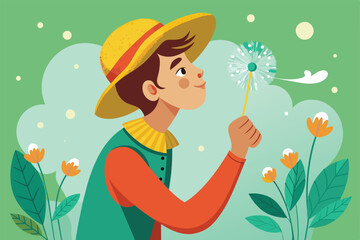 Poster - a young boy in a straw hat blows on a dandelion in a garden, spreading the seeds in the wind, blowin