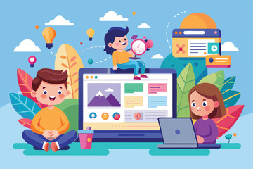 Poster - a cheerful cartoon illustration of children browsing the internet, engaging with online content, and