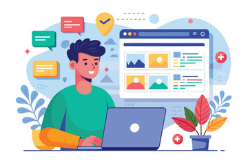 Poster - a man sits at a desk, smiling and browsing a customizable flat website design on his laptop, browsin