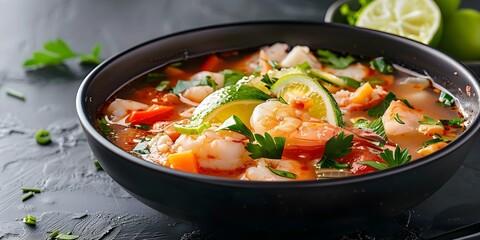 Poster - Indulge in Moqueca Bana White Fish Stew with Sweet Pepper Lime. Concept Brazilian Cuisine, Seafood Delight, Ethnic Recipes, Vibrant Flavors, Exotic Ingredients