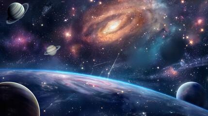 Wall Mural - illustration of planets in galaxy. universe or outer space, fantasy abstract cosmos astronomy wallpa