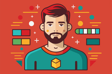 Poster - Flat design illustration of a redhead man in a turquoise tee with yellow box, surrounded by geometric shapes, Challenge Customizable Disproportionate Illustration