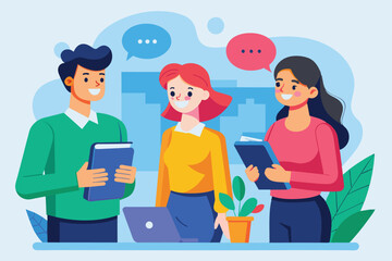 Sticker - A semi flat illustration featuring three smiling people holding books and chatting in front of a laptop, Chatting Customizable Semi Flat Illustration