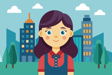 Poster - A customizable semi-flat illustration of a smiling girl in a city setting, City girl Customizable Semi Flat Illustration
